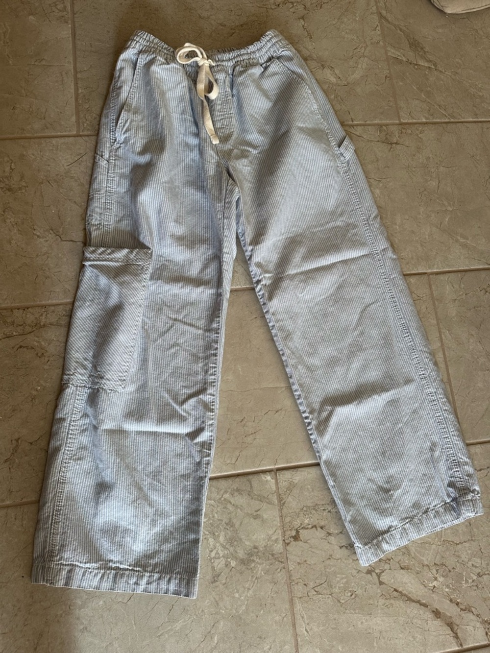 Aerie beach pants blue pinstripe XS elastic waist drawstring cargo pockets